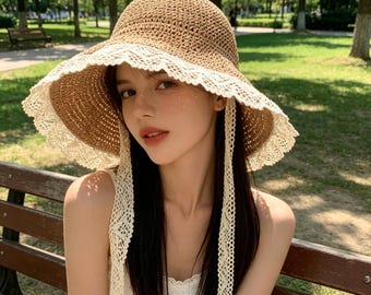 French Lace Trim Straw Hat, Wide Brim Sun Hat, Foldable Beach Bucket-Hat, Summer Travel-Hat