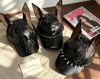Y2K Punk Doberman Ear Baseball Cap, Goth Distressed Spiked Hat, Grunge Bat Ear Peaked-Cap