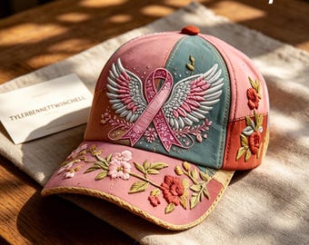 Breast Cancer Awareness Hat, Pink Ribbon Angel Wings Cap, Faith Cross Floral Hat