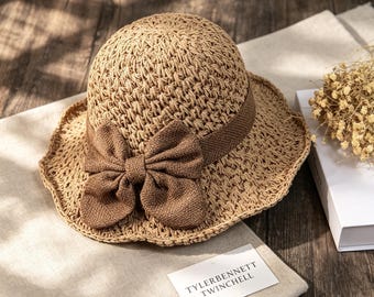 Packable Straw Hat , Large Brim Summer Sun-Hat, Foldable Beach Hat with Bow