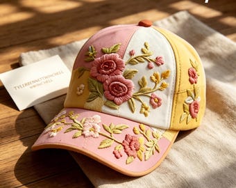 Retro 3D Floral Embroidered Baseball Cap, Vintage Boho Art Hat, Earth Tone Floral-Cap