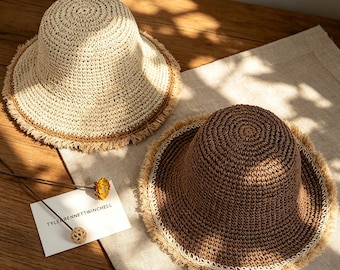 Frayed Edge Handmade Straw Sun Hat, Foldable Summer Beach Bucket Hat for Women