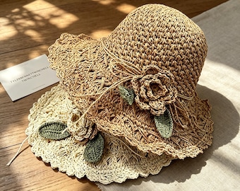 Handmade Crochet Flower Straw Hat, Wide Brim Sun Hat for Women, Foldable Boho Beach-Hat