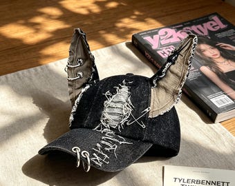 Y2K Cat Ear Distressed Denim Baseball Cap, Wasteland Grunge Hat with Metal Rings, Punk