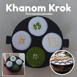 Pode incluir: Uma frigideira preta circular com quatro cavidades contendo panquecas de coco tailandesas Khanom Krok. As panquecas são cobertas com fatias de cebolinha verde, pequenos pedaços beges e tiras amarelas. Uma panqueca é verde.