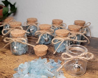 Aquamarine Chips | 20ml Jar w/Cork and Turtle Charm | Approximately 35g