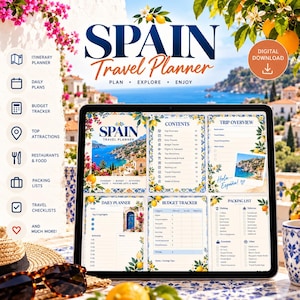 Op de afbeelding: Een digitale Spanje-reisplanner op een tabletscherm, met secties voor reisroutes, dagplannen, budgetbeheer en paklijsten. De interface bevat tekstkoppen zoals Spain Travel Planner, Contents, Trip Overview en Daily Planner, versierd met citroen- en bloemmotieven.