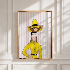Könnte beinhalten: Ein gerahmter Wandkunstdruck mit einer Cartoon-Illustration eines Mannes in gelbem Hemd und Krawatte, auf dessen Schultern ein brauner Affe sitzt, der einen großen gelben Hut über seinen Kopf hält, vor einem Hintergrund mit vertikalen rosa Streifen.
