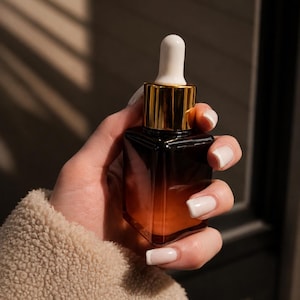 May include: A square-shaped amber glass dropper bottle with a gold-colored collar and a white rubber dropper top. The bottle features a gradient design that transitions from a deep dark brown at the top to a lighter amber hue at the base.