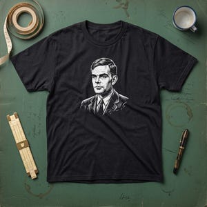Puede incluir: Una camiseta negra de manga corta con una ilustración gráfica blanca centrada de un hombre con traje y corbata. El diseño muestra el retrato de una persona con el pelo corto, camisa de cuello y chaqueta, representado en un estilo de boceto detallado.