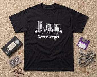 Never Forget Graphic Tee, Retro Tech VHS Cassette Floppy Disk T-Shirt