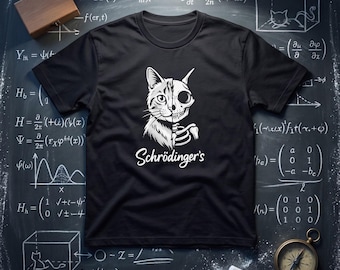 Schrodingers Cat Graphic Tee, Quantum Physics Skeleton Science T-Shirt