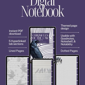 May include: Digital notebook with a purple background. The notebook features a raven illustration and the text "Chronicles of the Caw." It includes lined and dotted pages, 5 hyperlinked tab sections, and is usable with Goodnotes, Noteshelf, & Notability.