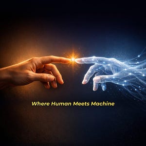 May include: A book cover titled ARTIFICIAL INTELLIGENCE The Definitive Guide. It features a human hand reaching toward a glowing, digital, translucent hand, creating a spark. Text includes Where Human Meets Machine, Volume 1 of 2, and Steven L. Johnson, PhD.
