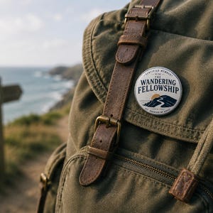 Può includere: Una spilla rotonda fissata su uno zaino in tela verde oliva. Il disegno raffigura una strada tortuosa che conduce verso un sole sopra colline blu scuro. Il testo recita: CERTIFIED MEMBER OF THE WANDERING FELLOWSHIP EST. WHENEVER WE ARRIVE.