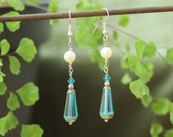 Fairycore Earrings | Aquamarine colored glass |Pearl Teardrop Drops | Whimsical Fantasy Cottagecore Charm Dangles | Faceted  Silver Jewelry