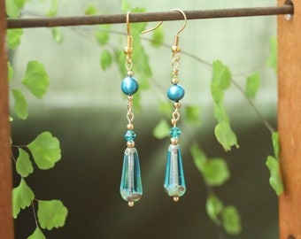 Fairycore Earrings | Aquamarine Colored Glass| Pearl Teardrop Drops | Whimsical Fantasy Cottagecore Charm Dangles | Faceted  Brass Jewelry