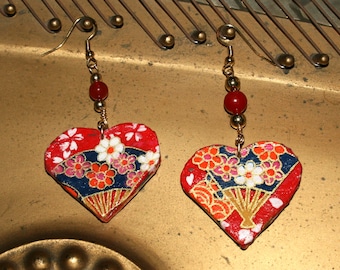 Floral Heart Earrings | Japanese Washi Rice Paper Jewelry | Wood | Valentine's Day Anniversary Mother's Gift | Boho Artsy Fairycore Red Fan