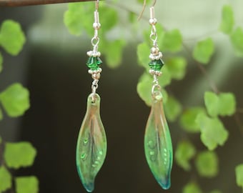 Fairycore Earrings | Beaded Green Hand Painted Leaf Drops | Whimsical Fantasy Cottagecore Kawaii Charm Dangles | Faceted Crystal Silver