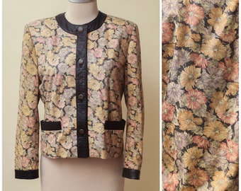 Floral Jacket | Long Sleeve Faux Leather Trim | Classy Business Casual | Lightweight Flower Print | Mod Minimalist Boho | Asian Japanese