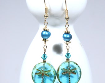 Gold Dragonfly Aqua/Turquoise Colored Coin Glass| Pearls & Crystal Dangles | Cottagecore Fairycore Whimsical Fantasy | Bohemian | Nouveau