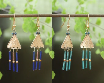 Floral Triangle Earrings | Beaded Turquoise color Blue Geometric Dangles| Repurposed Upcycled Jewelry |Fairycore Whimsical Art Nouveau Drops