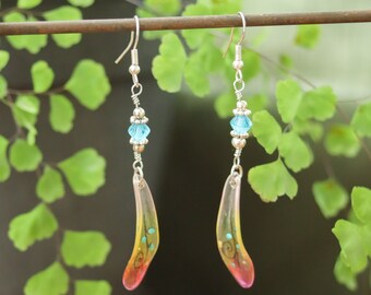 Fairycore Earrings | Beaded Teal Pink Hand Painted Leaf Drops | Whimsical Fantasy Cottagecore Kawaii Charm Dangles | Faceted Crystal Silver