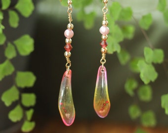 Fairycore Earrings | Beaded Pink Pearl Hand Painted Leaf Drops | Whimsical Fantasy Cottagecore Kawaii Charm Dangles | Faceted Crystal Brass