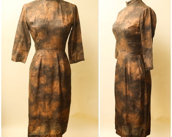 Brown Wiggle Dress | Jonathan Logan Designer Midi | High Neckline Hourglass Figure | Retro 1940s 70s | Renaissance Bombshell Fitted Size 11