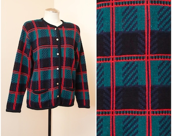 Cardigan Holiday Plaid Sweater | Kobe | Christmas Gift |Green Red Blue Striped Long Sleeve | Warm Cozy Fall Winter | 100% Acrylic Size M