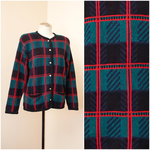 Cardigan Holiday Plaid Sweater | Kobe | Christmas Gift |Green Red Blue Striped Long Sleeve | Warm Cozy Fall Winter | 100% Acrylic Size M