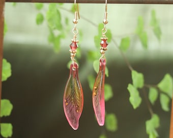 Fairycore Earrings | Beaded Ruby Pink Hand Painted Leaf Drops | Whimsical Fantasy Cottagecore Kawaii Charm Dangles | Faceted Crystal Brass