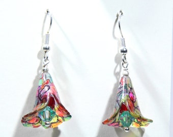 Handpainted  Calla Lily  Earrings | Swarovski Crystal Jewelry| Unique|  Boho Fairycore Whimsical | Colorful Stain Glass Effect | Dangle