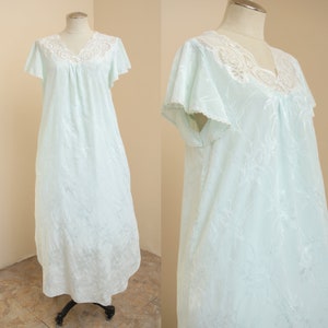 Mint Lace Nightgown | Vintage Peignoir Sleepwear Loungewear | 1980s Eve Stillman Nightie Lingerie | Boho Hippie Floral Butterfly Sleeve