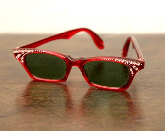 Vintage Red Sunglasses | Retro Rhinestone Sun Glasses | 1980s Eyewear Festival Accessories | Rockabilly Pin Up Dark Shades | Made in France
