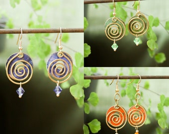 Spiral Dangle Earrings | Boho Patina Brass Swirls with Faceted Swarovski Crystals | Whimsical Fantasy Cottagecore Jewelry | Artsy Colorful