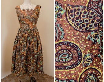 Cotton Day Dress | Tribal Paisley Batik Print | Sleeveless Midi Length Square Neckline | Handmade Vintage Daydress | Brown Green Yellow