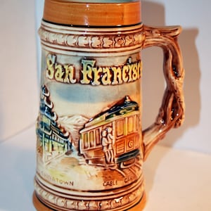 Vintage San Francisco Bierkrug | Sammlerstück | 1963 | Andenken | ChinaTown | Golden Gate Brücke | Drahtseilbahn | Hergestellt in Japan | Mid Century