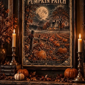Op de afbeelding: Een ingelijste rechthoekige kunstprint met de tekst THE PUMPKIN PATCH en AUTUMN HARVEST, met een pompoenveld bij maanlicht, een boerderij en herfstbomen. De print staat op een donkerhouten schoorsteenmantel met twee brandende kaarsen.
