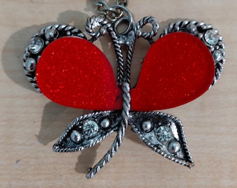 Vintage butterfly silver toned pendant necklace with red wings