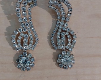 Vintage statement or pageant rhinestone pierced earrings in shape of treble clef