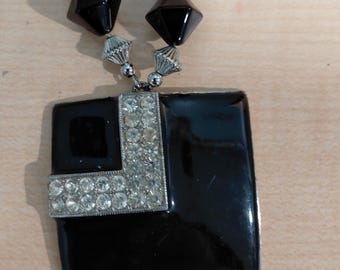 Vintage black pendant necklace with a geometric black square with rhinestones