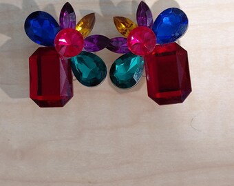 Vintage, multi-colored clip-on earrings with large crystals