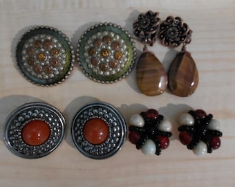 Set of 4 vintage clip-on earrings, all earth tone, 3 round, 1 dangling