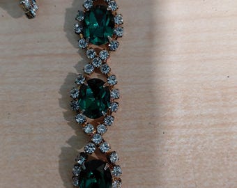 Vintage necklace and pierced earring set of Green and white rhinestones