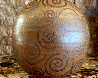 Brown Ceramic Vessel, Rounded Coastal Vase with Dark Swirls, Handmade Pottery Decor