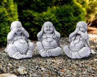 Concrete Buddha Set of 3 Three Wise Monks Figurines Stone Garden Decor Cement Buddhist Statue Hear See Speak No Evil Zen Outdoor Sculpture