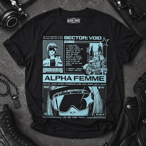 May include: A black t-shirt featuring a light blue graphic print with the text SECTOR: VOID and ALPHA FEMME. The design includes a character wearing goggles, a motorcycle, and technical data logs in a futuristic, digital, and glitch-inspired style.