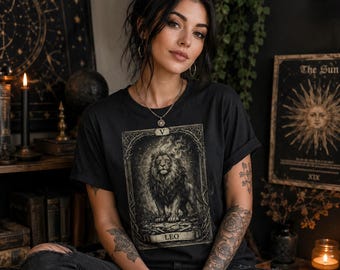 Koszulka z kartą tarota „Leo”, koszulka z grafiką zodiaku „Lew” w stylu vintage, odzież okultystyczna