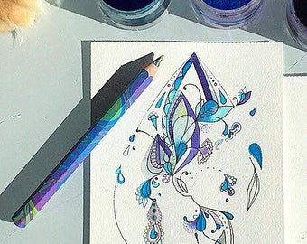 Abstract Mixed Media Drawing on Watercolor Paper